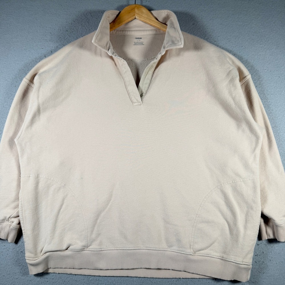 Aerie Womens Oversized V-Neck‎ Sweatshirt Beige Polo Collar Pullover Large 01131